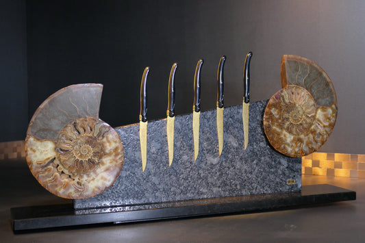 Messerblock aus Steel Grey mit einem geteiltem Ammonit