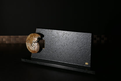 Knife block made of Nero Impala with gold plating and an ammonite