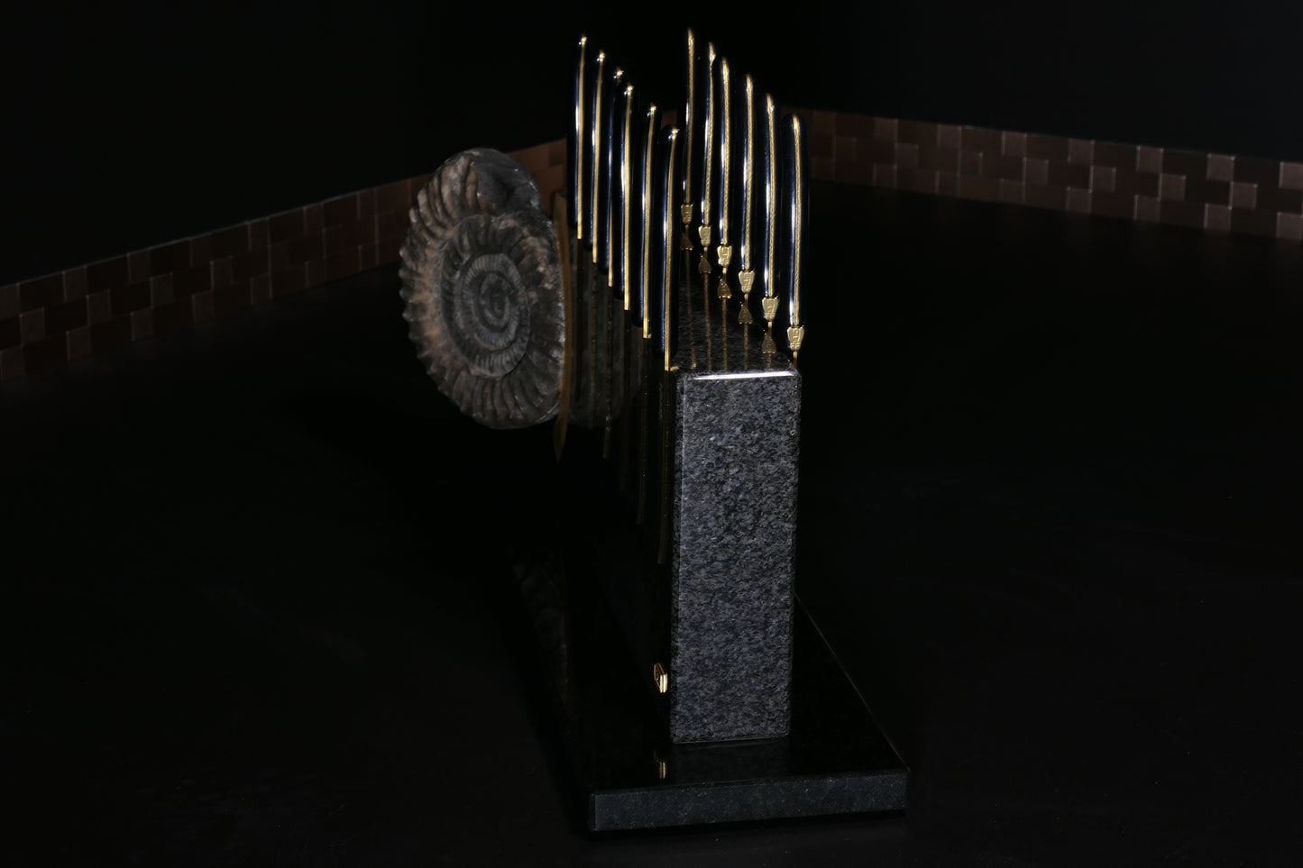 Knife block made of Nero Impala with a black ammonite