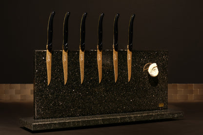 Star Galaxy Gold knife block with a fossilized ammonite