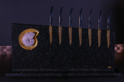 Star Galaxy Gold knife block with an ammonite