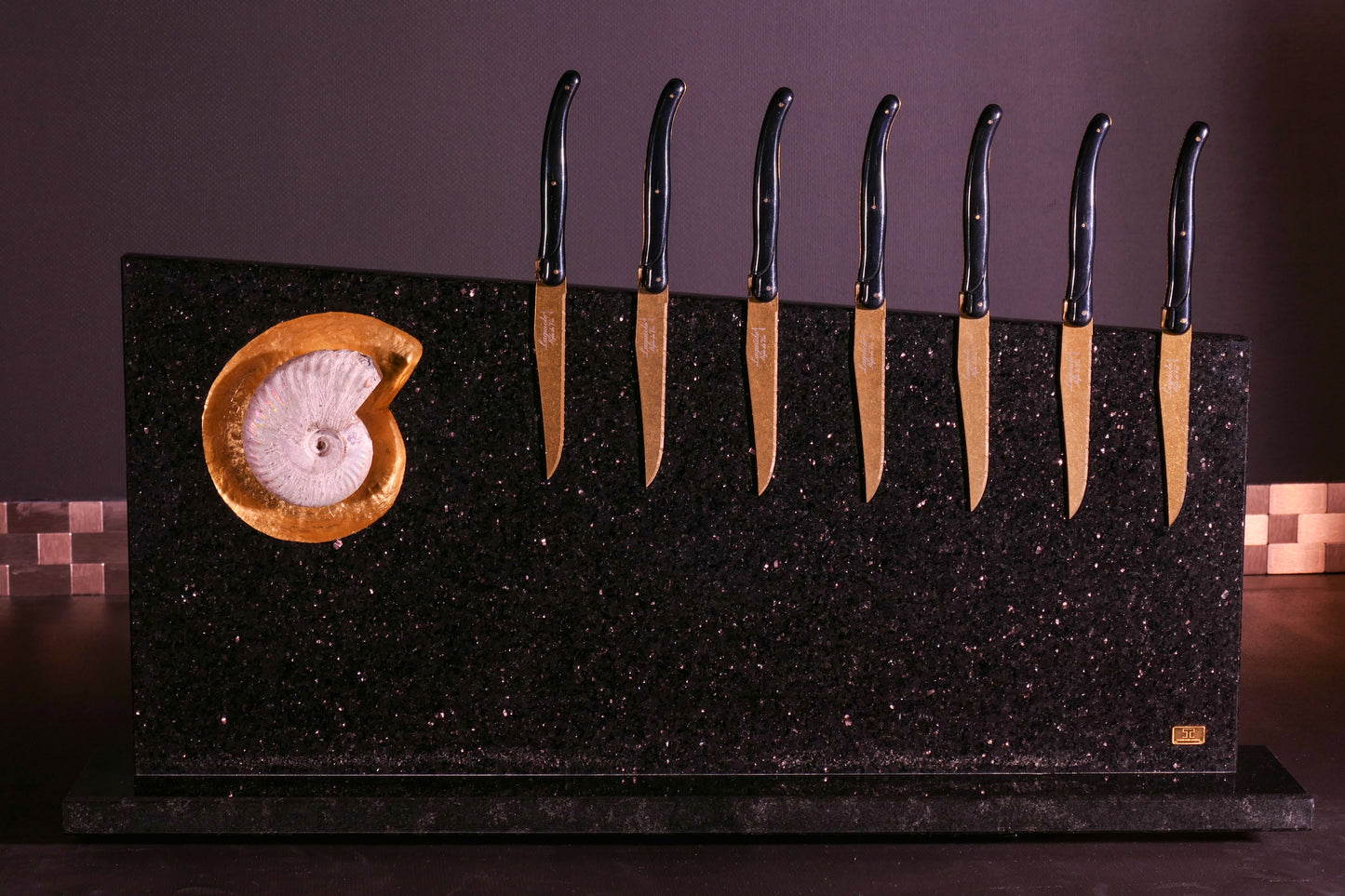 Star Galaxy Gold knife block with an ammonite