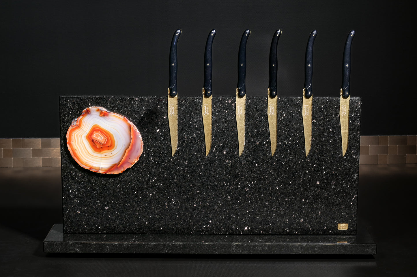 Star Galaxy Gold knife block with agate disc