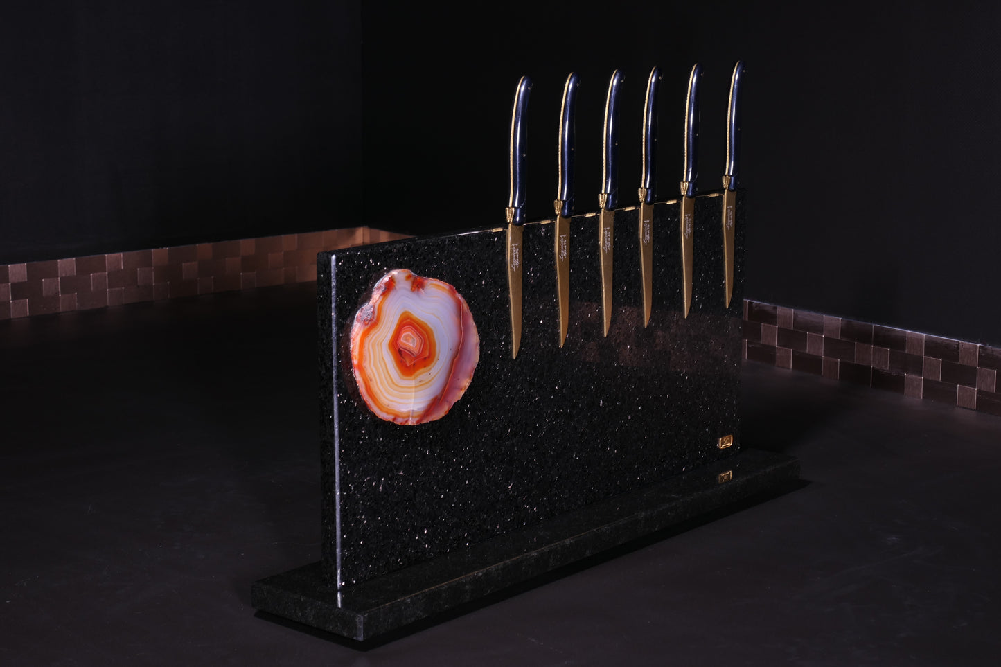 Star Galaxy Gold knife block with agate disc