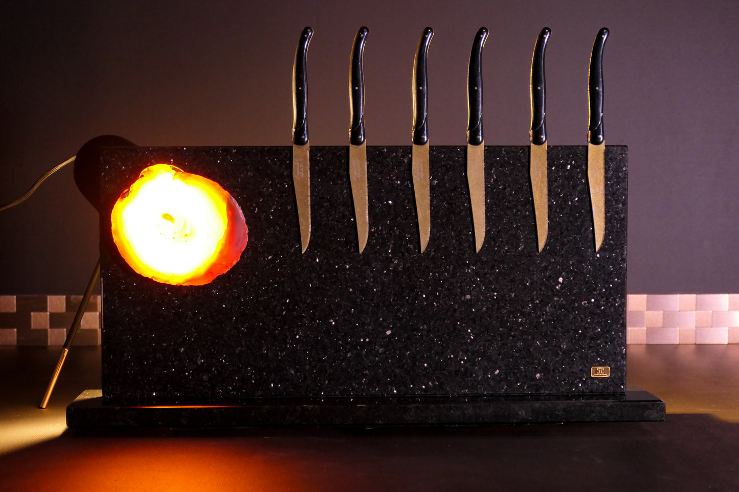 Star Galaxy Gold knife block with agate disc